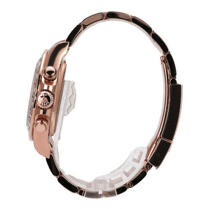 Rolex Cosmograph Daytona 126505 Everose-Gold Choco seitliche Ansicht mit poliertem Gehäuse und Armband.