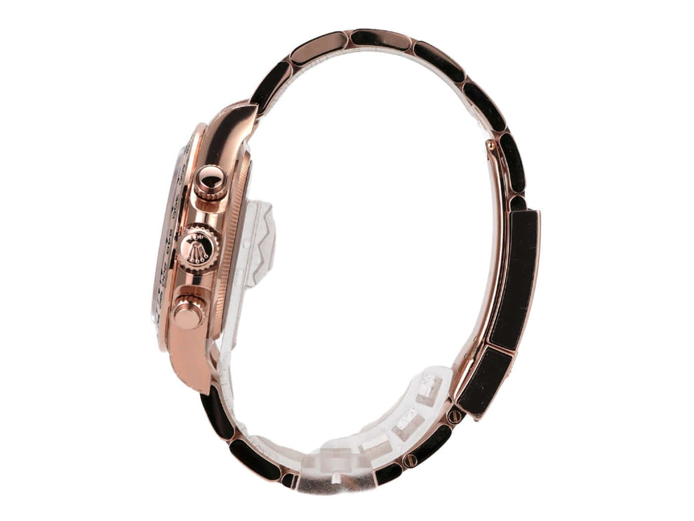 Rolex Cosmograph Daytona 126505 Everose-Gold Choco seitliche Ansicht mit poliertem Gehäuse und Armband.