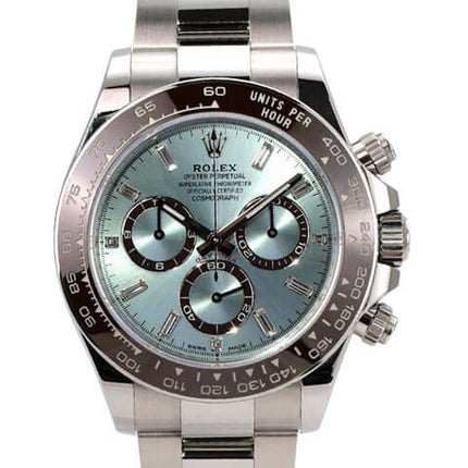 Rolex Daytona Platin 126506 Eisblau Diamant Uhr mit platinfarbenem Armband und Eisblau Zifferblatt.