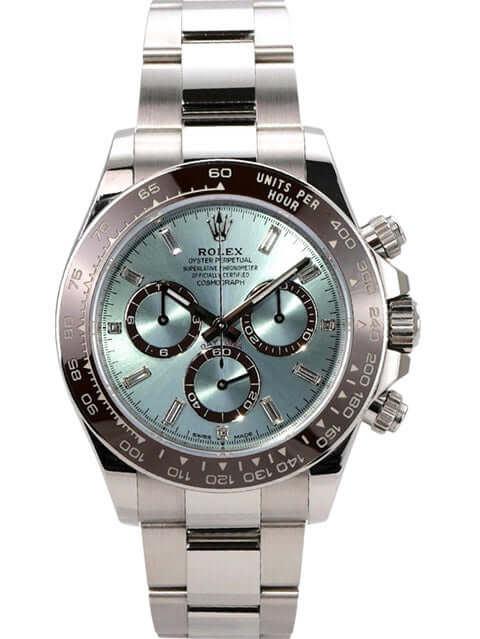 Rolex Daytona Platin 126506 Eisblau Diamant Uhr mit platinfarbenem Armband und Eisblau Zifferblatt.