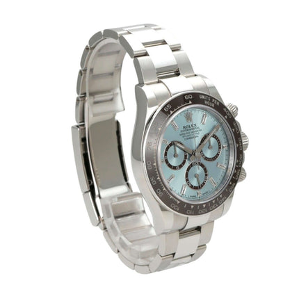 Rolex Daytona Platin 126506 Eisblau Diamant mit polierter Keramiklünette und Eisblauem Zifferblatt.