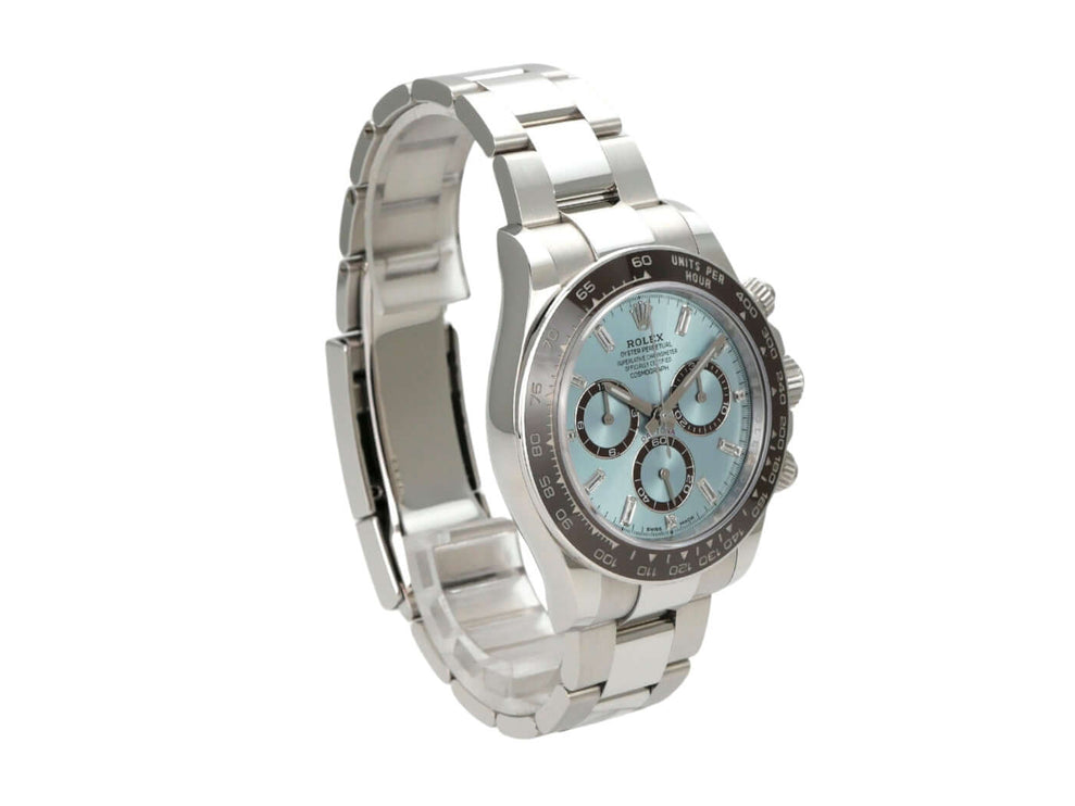Rolex Daytona Platin 126506 Eisblau Diamant mit polierter Keramiklünette und Eisblauem Zifferblatt.