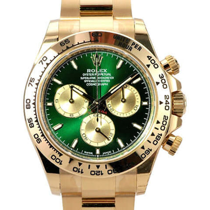 Rolex Daytona Gelbgold 126508 Grün: Luxus-Chronograph aus 18 kt Gelbgold mit grünem Zifferblatt und Tachymeterskala