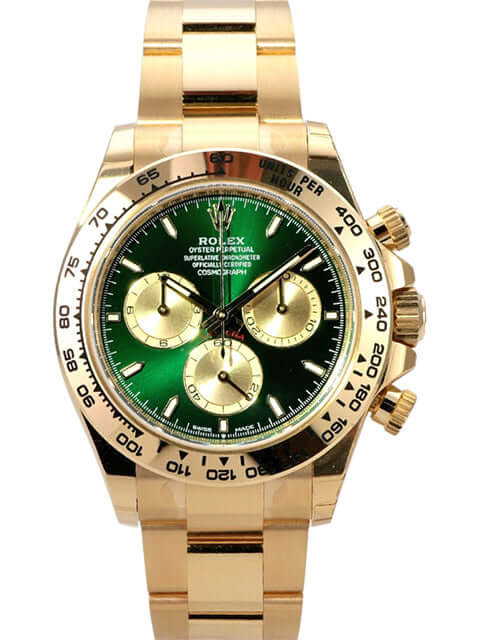 Rolex Daytona Gelbgold 126508 Grün: Luxus-Chronograph aus 18 kt Gelbgold mit grünem Zifferblatt und Tachymeterskala