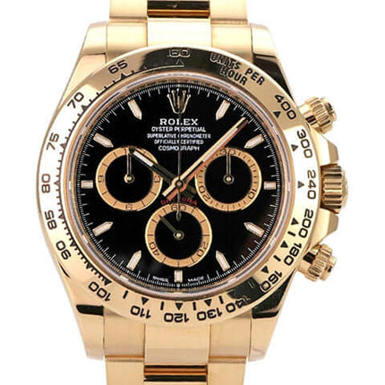 Rolex Daytona Gelbgold 126508 Schwarz mit schwarzem Zifferblatt und 18 kt Gelbgold-Armband