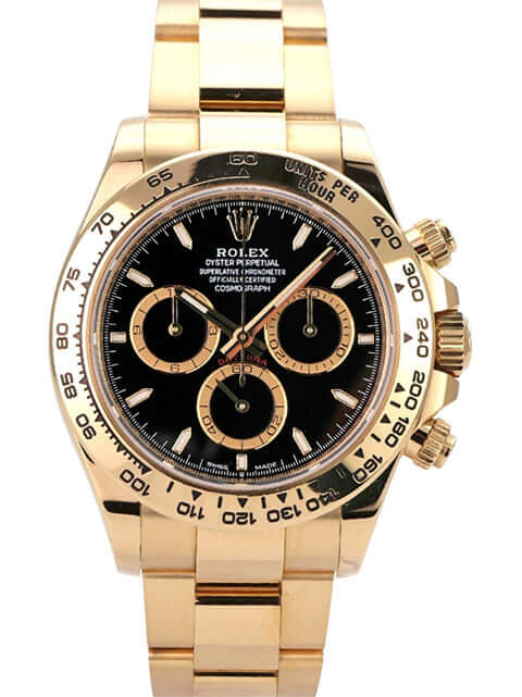 Rolex Daytona Gelbgold 126508 Schwarz mit schwarzem Zifferblatt und 18 kt Gelbgold-Armband