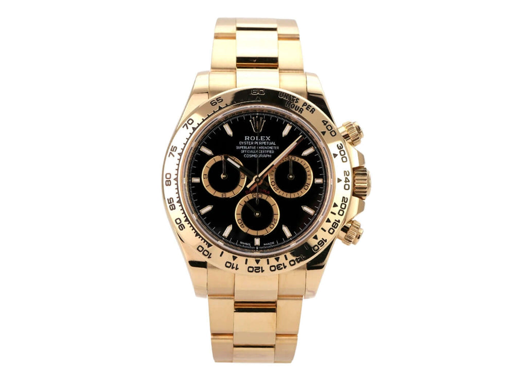 Rolex Daytona Gelbgold 126508 Schwarz - 40 mm Gehäuse, schwarzen Zifferblatt, Automatik und 18 kt Gelbgold Armband.