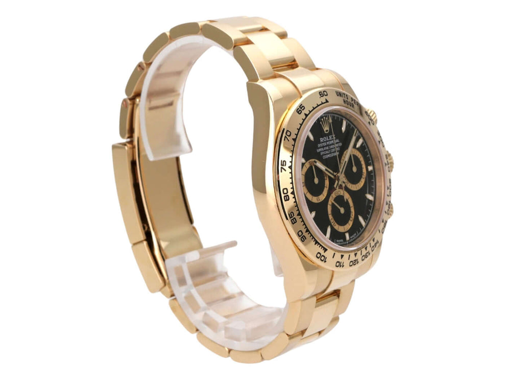 Rolex Daytona Gelbgold 126508 Schwarz seitliche Ansicht, 18 kt Gelbgold Armband und schwarzes Zifferblatt