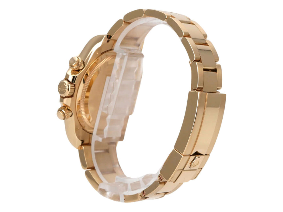 Rolex Daytona Gelbgold 126508 Schwarz, Seitensicht auf das Gelbgold-Armband und Gehäuse der Uhr.