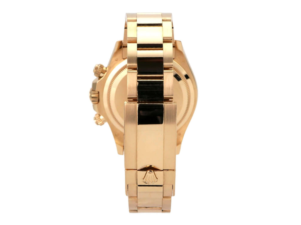 Rolex Daytona Gelbgold 126508 Schwarz, seitliche Ansicht des 18 kt Gelbgold Armbands und Gehäuses.