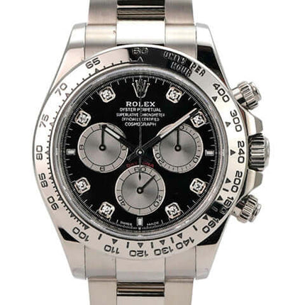 Rolex Daytona Weißgold 126509 Schwarz Diamant mit schwarzem Zifferblatt und Diamanten auf dem Gehäuse.