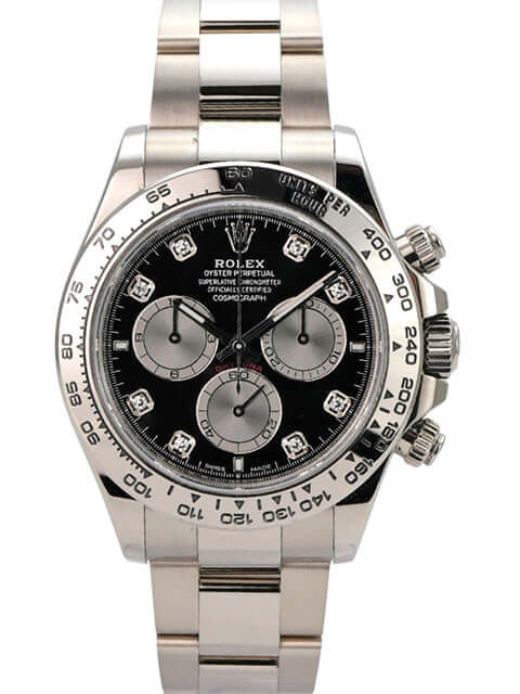 Rolex Daytona Weißgold 126509 Schwarz Diamant mit schwarzem Zifferblatt und Diamanten auf dem Gehäuse.
