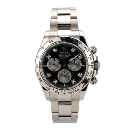 Rolex Daytona Weißgold 126509 Schwarz Diamant mit schwarzem Diamantzifferblatt und 18 kt Weißgold-Armband.