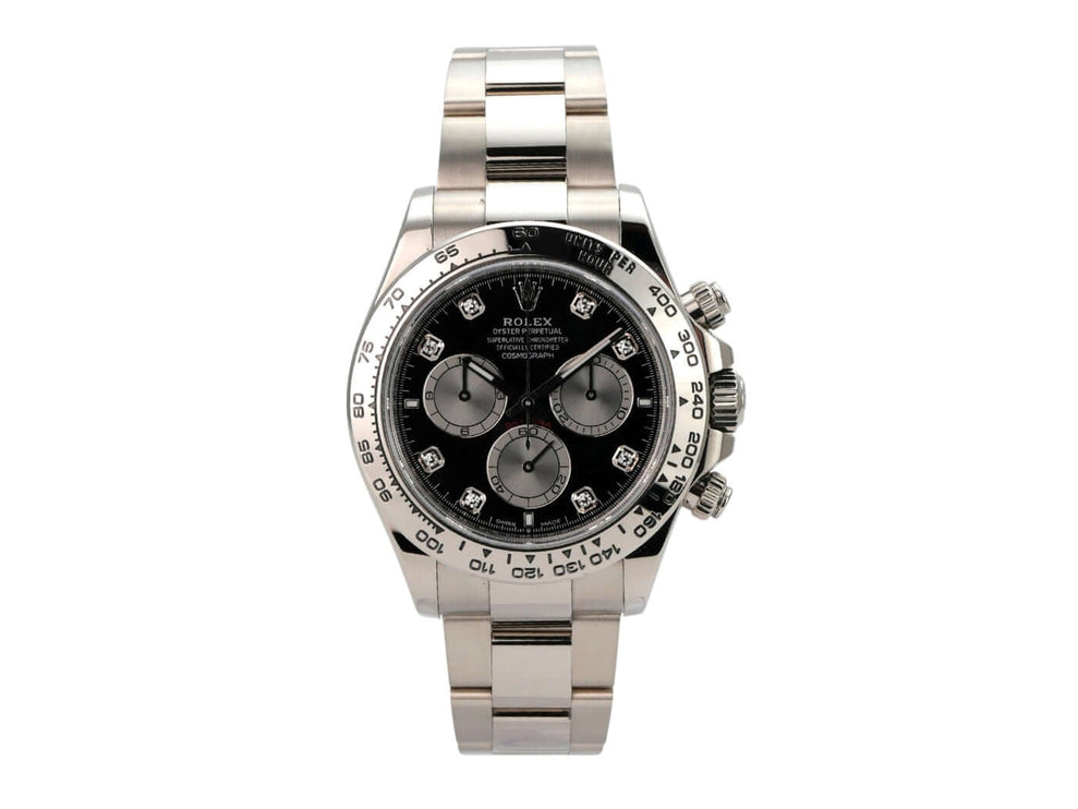 Rolex Daytona Weißgold 126509 Schwarz Diamant mit schwarzem Diamantzifferblatt und 18 kt Weißgold-Armband.