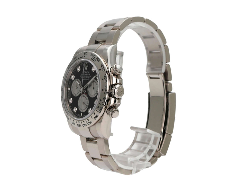 Rolex Daytona Weißgold 126509 Schwarz Diamant seitliche Ansicht mit schwarzem Zifferblatt und 18 kt Weißgold-Band.