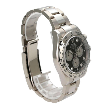 Rolex Daytona Weißgold 126509 Schwarz Diamant mit schwarzem Diamantzifferblatt und grauen Totalisatoren.