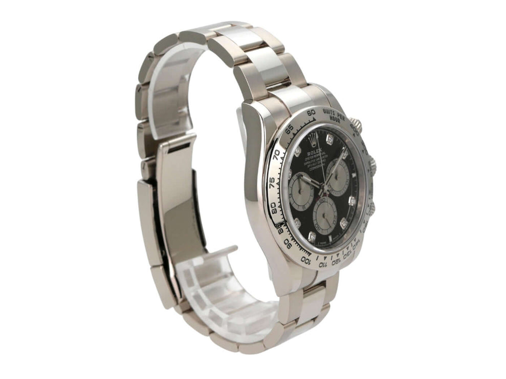 Rolex Daytona Weißgold 126509 Schwarz Diamant mit schwarzem Diamantzifferblatt und grauen Totalisatoren.