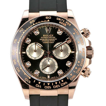 Rolex Daytona Everose-Gold 126515LN Schwarz Diamant Oysterflex auf schwarzem Armband