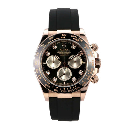Rolex Daytona Everose-Gold 126515LN Schwarz Diamant Oysterflex auf schwarzem Armband mit glänzendem Gehäuse