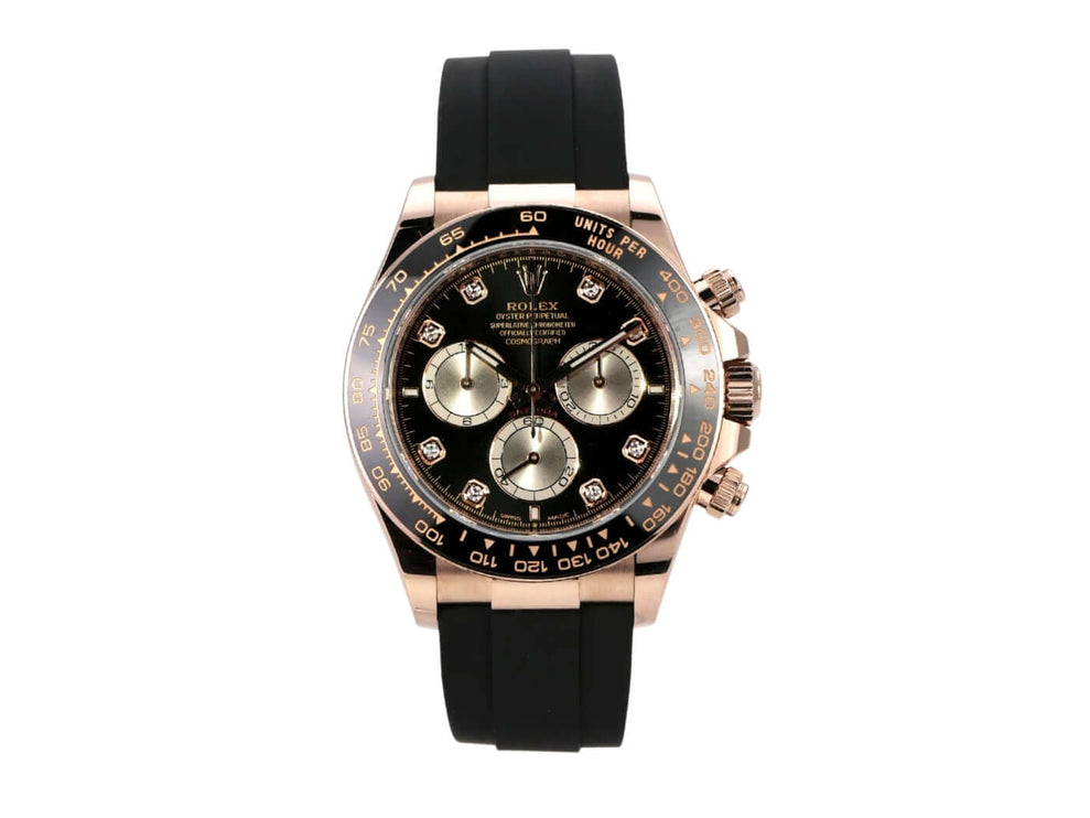 Rolex Daytona Everose-Gold 126515LN Schwarz Diamant Oysterflex auf schwarzem Armband mit glänzendem Gehäuse