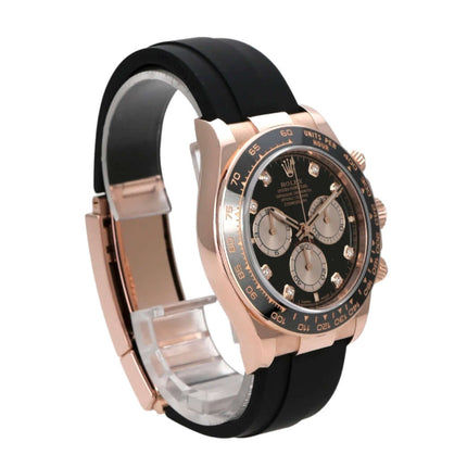 Rolex Daytona Everose-Gold 126515LN Schwarz Diamant Oysterflex, 40 mm, schwarzes Armband und Zifferblatt.