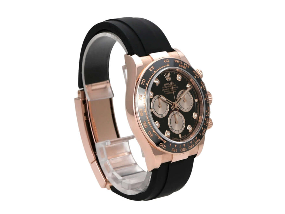 Rolex Daytona Everose-Gold 126515LN Schwarz Diamant Oysterflex, 40 mm, schwarzes Armband und Zifferblatt.