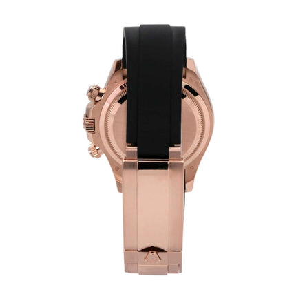 Rolex Daytona Everose-Gold 126515LN Schwarz Diamant Oysterflex - Rückansicht der Uhr mit schwarzem Oysterflex-Armband.