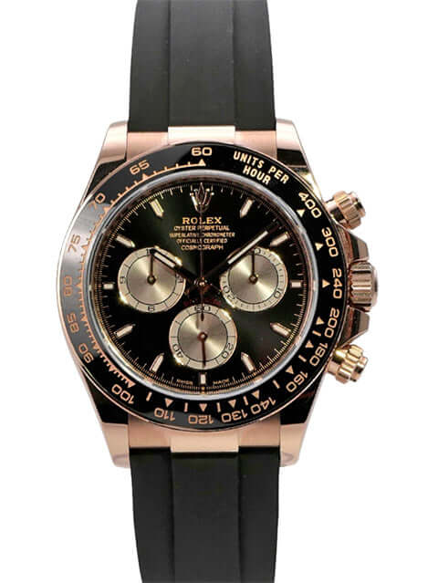 Rolex Daytona Everose-Gold 126515LN mit schwarzem Oysterflex-Armband und schwarzem Zifferblatt.