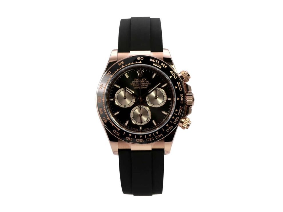 Rolex Daytona Everose-Gold 126515LN mit schwarzem Oysterflex-Armband und Keramik-Lünette.