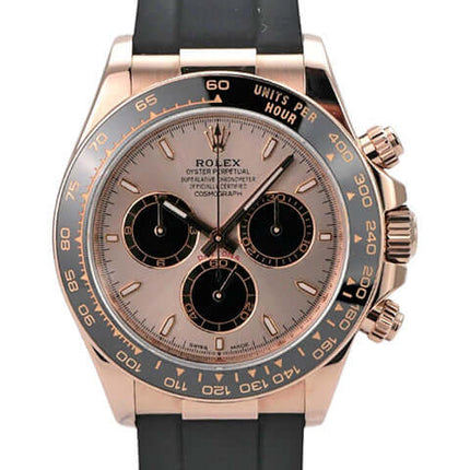 Rolex Daytona Everose-Gold 126515LN Sundust Oysterflex Uhr mit schwarzem Oysterflex-Armband und Sundust Zifferblatt.