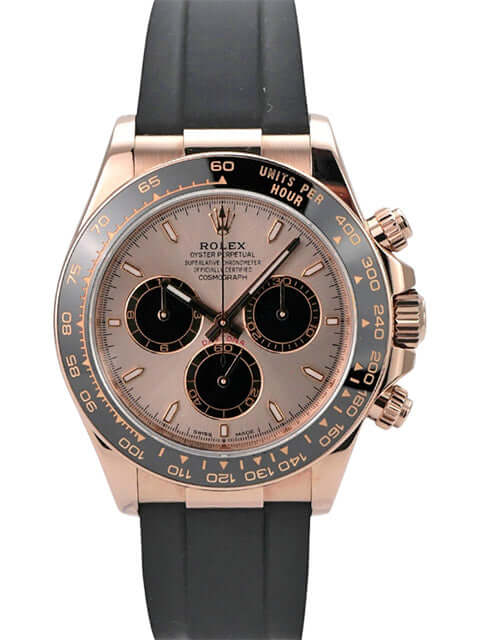 Rolex Daytona Everose-Gold 126515LN Sundust Oysterflex Uhr mit schwarzem Oysterflex-Armband und Sundust Zifferblatt.
