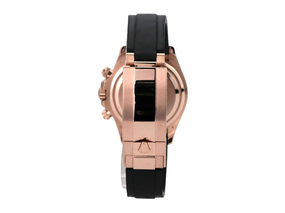 Rolex Daytona Everose-Gold 126515LN Sundust Oysterflex seitliche Ansicht mit schwarzem Armband.