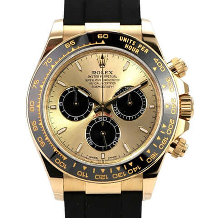 Rolex Daytona 126518LN Gelbgold Oysterflex Champagner, goldene Chronographenuhr mit schwarzem Oysterflex-Band.