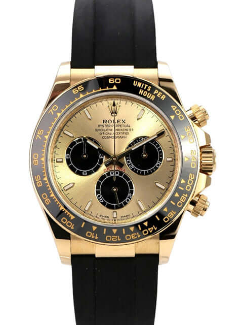 Rolex Daytona 126518LN Gelbgold Oysterflex Champagner, goldene Chronographenuhr mit schwarzem Oysterflex-Band.