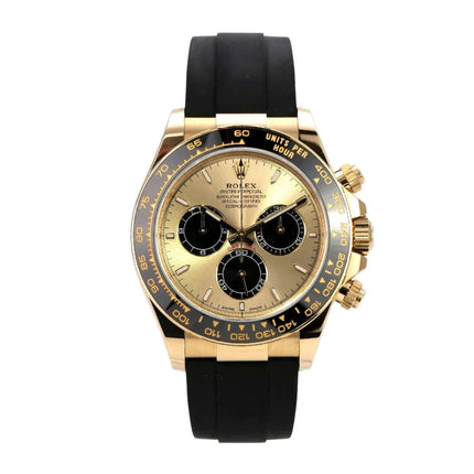 Rolex Daytona 126518LN Gelbgold Oysterflex Champagner mit schwarzem Zifferblatt und Keramiklünette