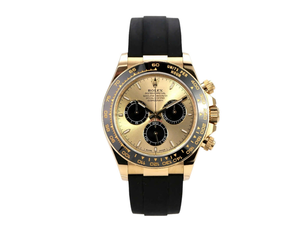 Rolex Daytona 126518LN Gelbgold Oysterflex Champagner mit schwarzem Zifferblatt und Keramiklünette