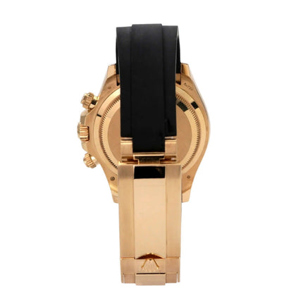 Rolex Daytona 126518LN Gelbgold Oysterflex Champagner, Rückansicht mit schwarzem Oysterflex-Band und Goldschließe