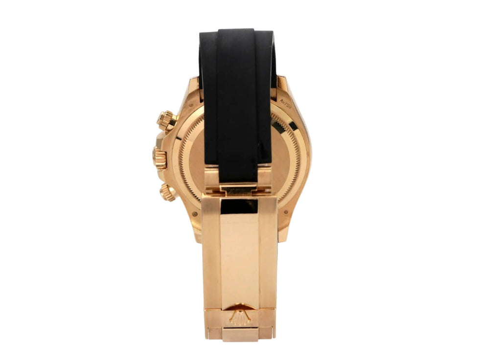 Rolex Daytona 126518LN Gelbgold Oysterflex Champagner, Rückansicht mit schwarzem Oysterflex-Band und Goldschließe