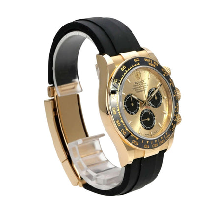 Rolex Daytona 126518LN Gelbgold Oysterflex Champagner, schwarzes Oysterflex-Band und goldene Chronographen-Ansicht