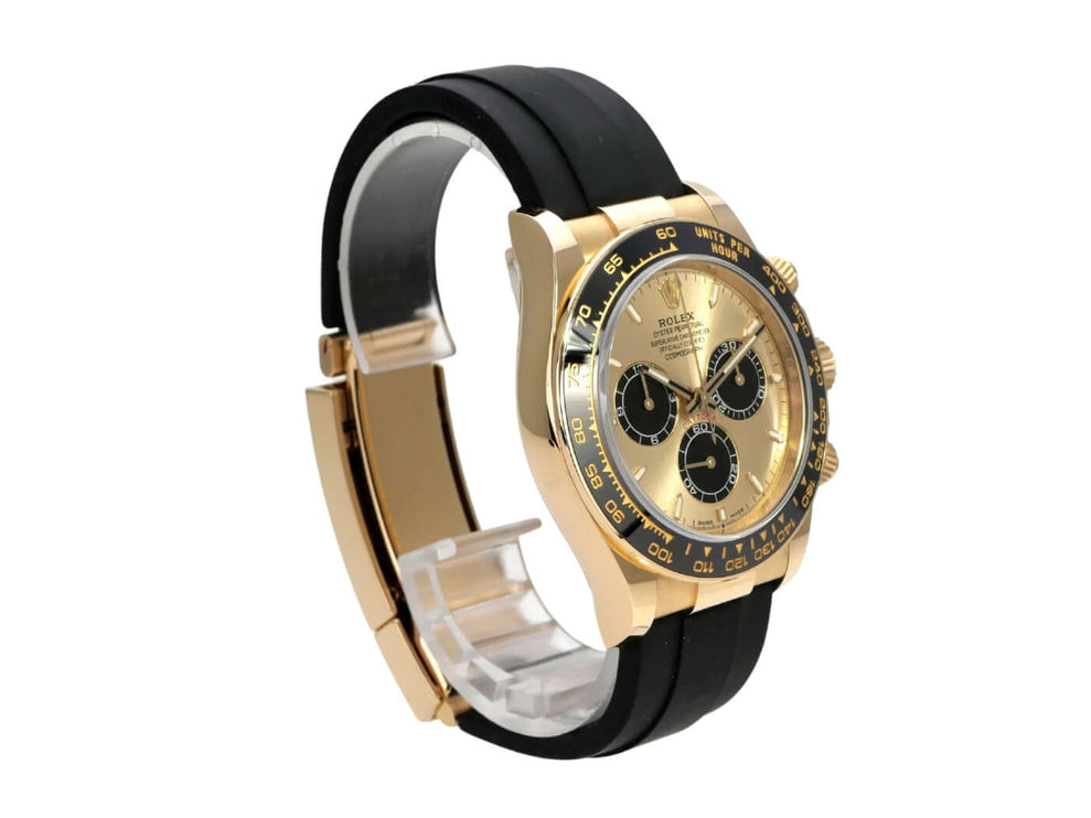 Rolex Daytona 126518LN Gelbgold Oysterflex Champagner, schwarzes Oysterflex-Band und goldene Chronographen-Ansicht