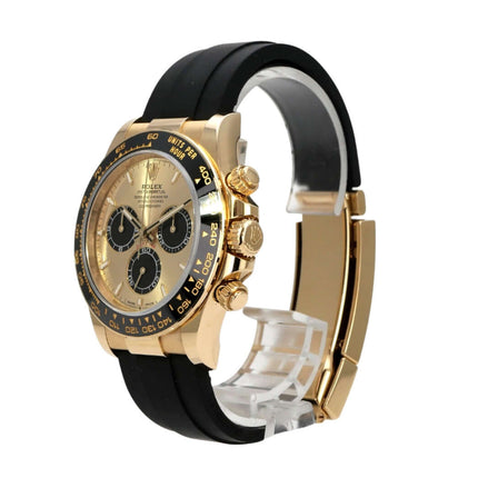 Rolex Daytona 126518LN Gelbgold Oysterflex Champagner mit schwarzem Oysterflex-Band und schwarzer Keramiklünette
