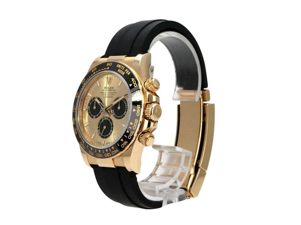 Rolex Daytona 126518LN Gelbgold Oysterflex Champagner mit schwarzem Oysterflex-Band und schwarzer Keramiklünette