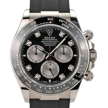 Rolex Daytona 126519LN Weißgold Oysterflex Schwarz Diamant mit schwarzem Zifferblatt und Diamanten.