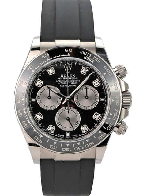 Rolex Daytona 126519LN Weißgold Oysterflex Schwarz Diamant mit schwarzem Zifferblatt und Diamanten.