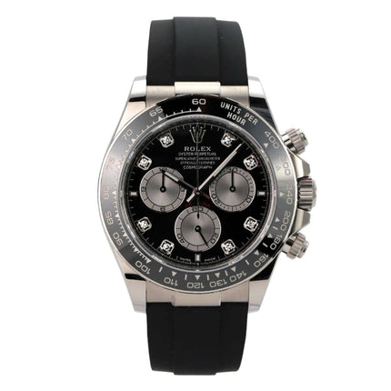 Rolex Daytona 126519LN Weißgold Oysterflex Schwarz Diamant - elegante Uhr mit schwarzem Zifferblatt und schwarzem Band.