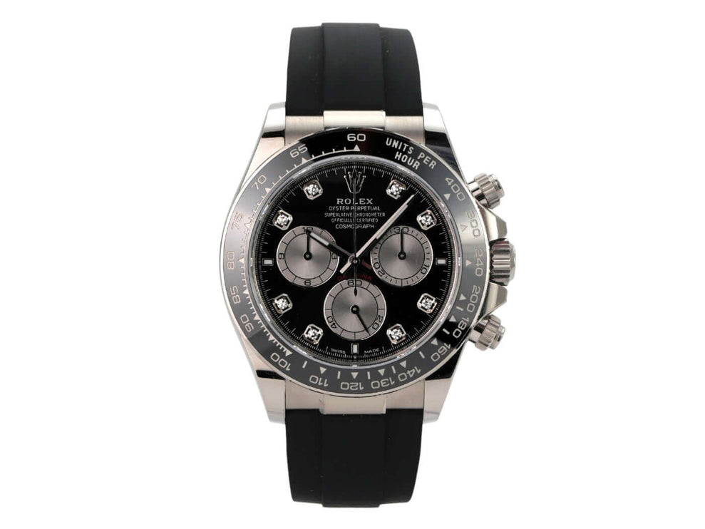 Rolex Daytona 126519LN Weißgold Oysterflex Schwarz Diamant - elegante Uhr mit schwarzem Zifferblatt und schwarzem Band.