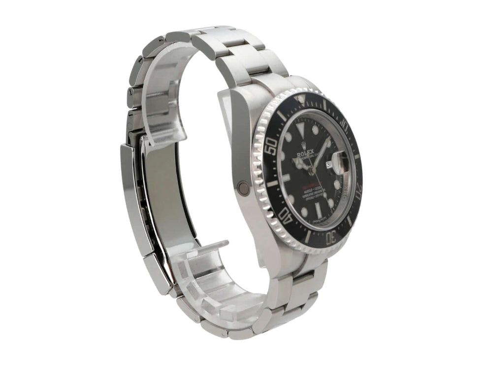 Rolex Sea-Dweller Ref. 126600 MK1 mit Edelstahl-Gehäuse und schwarzem Zifferblatt, seitliche Ansicht.