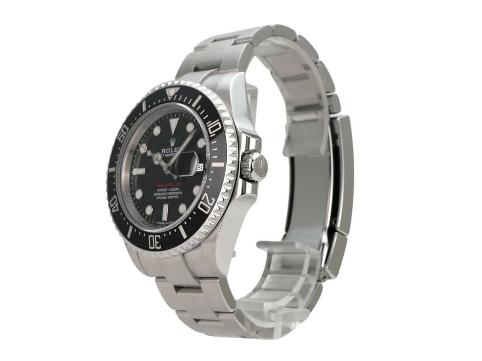 Rolex Sea-Dweller Ref. 126600 Luxus-Uhr mit schwarzem Zifferblatt und Edelstahlarmband.
