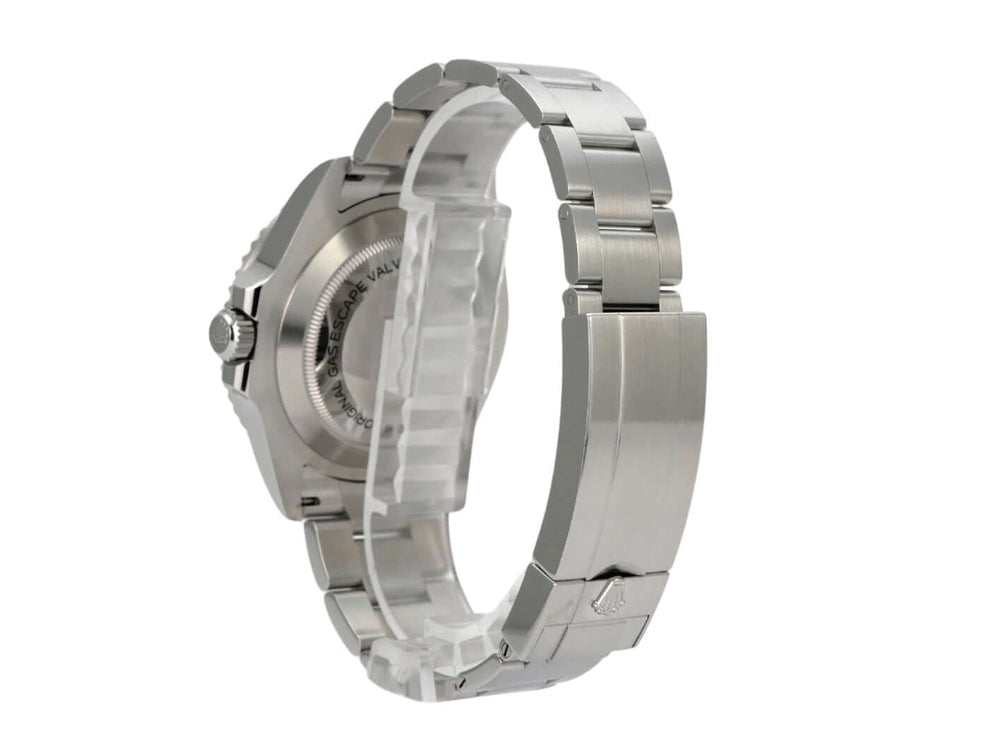 Rolex Sea-Dweller Ref. 126600 Edelstahl Gehäuse und Armband mit Sicherheitsfaltschließe, seitliche Ansicht.