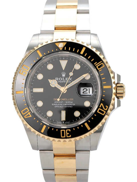 Rolex Sea-Dweller 4000 Ref. 126603, Edelstahl-Gelbgold-Uhr mit schwarzem Zifferblatt und automatischem Uhrwerk.